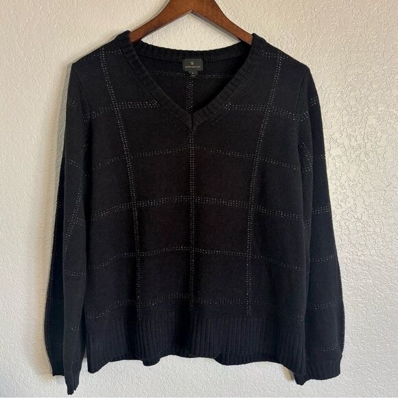 Worthington Black Knit V-Neck Plaid Black and Silver Sweater Size Large - Picture 1 of 8